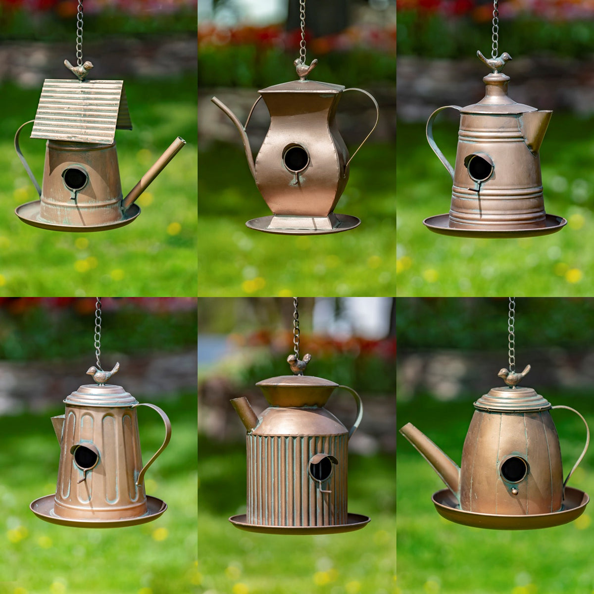 Six different teapot-shaped birdhouses shown hanging outdoors, each with a distinct shape or decorative detail.