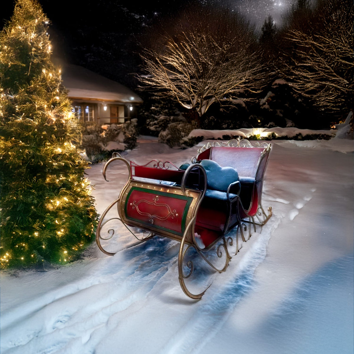 Ornate red sleigh outdoors in a snowy yard at night beside a lit tree