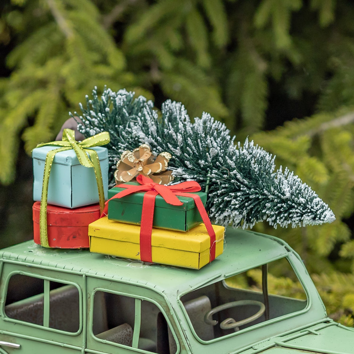 Close-up of colorful gifts and a snow-dusted tree atop the light green car