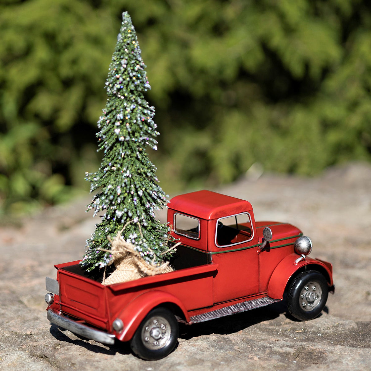 The red pickup and sparkling tree seen from behind, with a burlap-wrapped base in the truck bed.