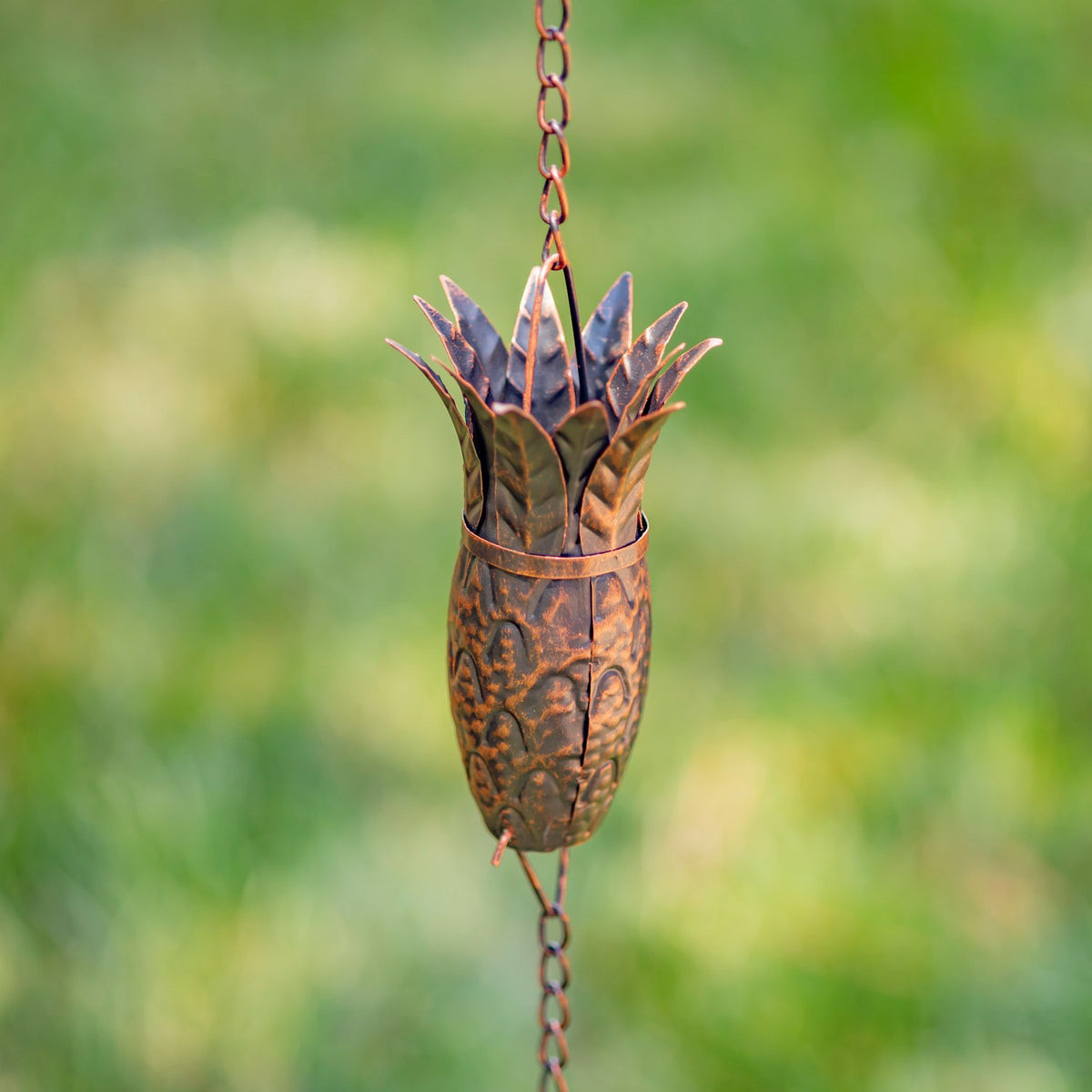 Close-up of an antique bronze pineapple-shaped iron rain chain link outdoors