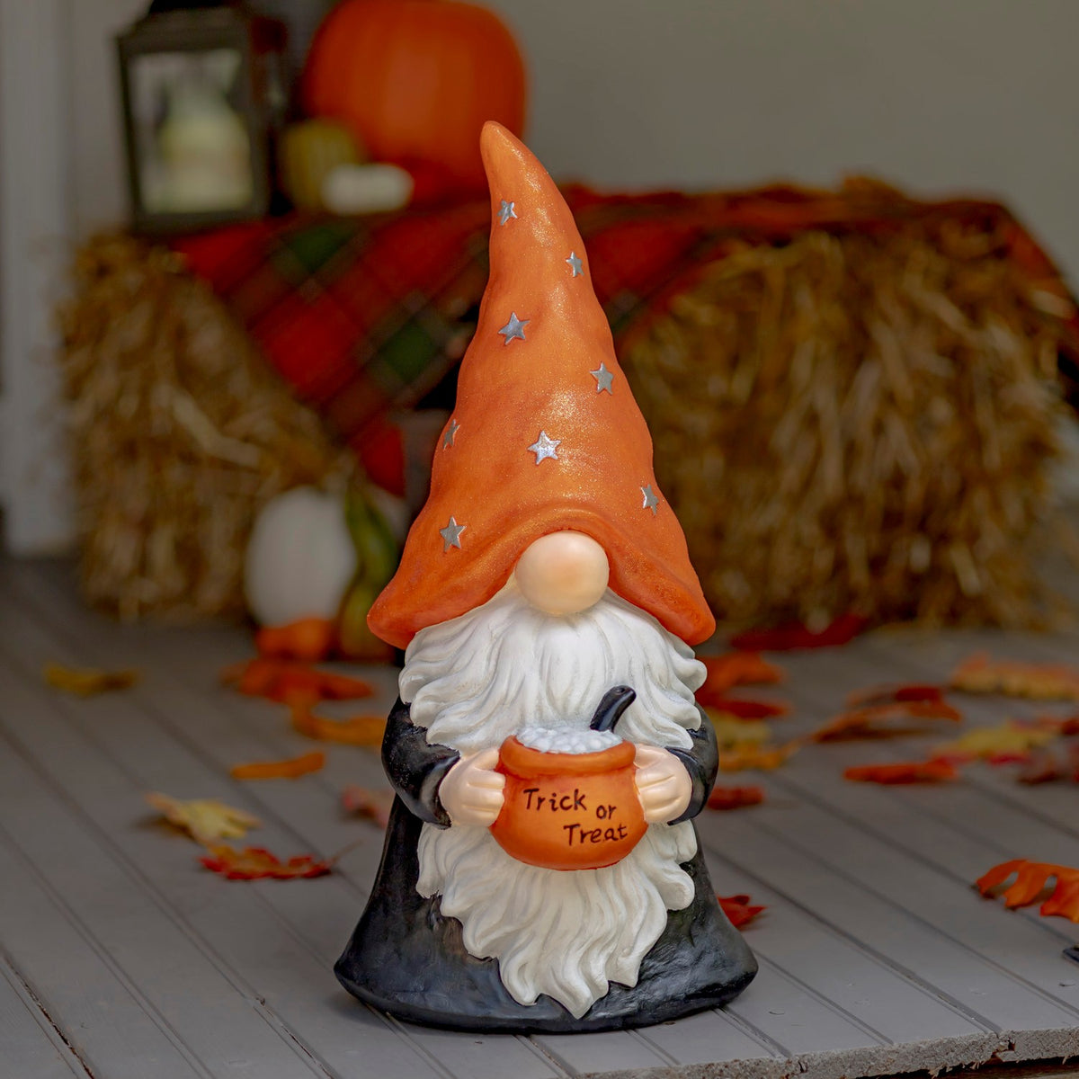 Halloween gnome with an orange starry hat holding a Trick or Treat sign