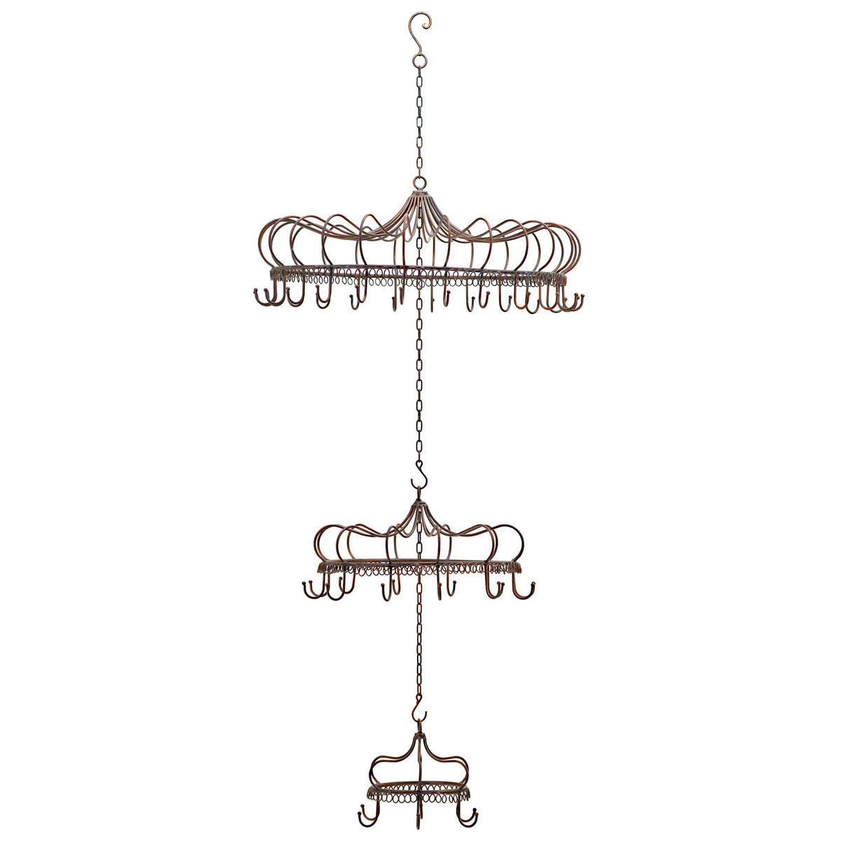Three-tier iron hanging display shown alone against a white background