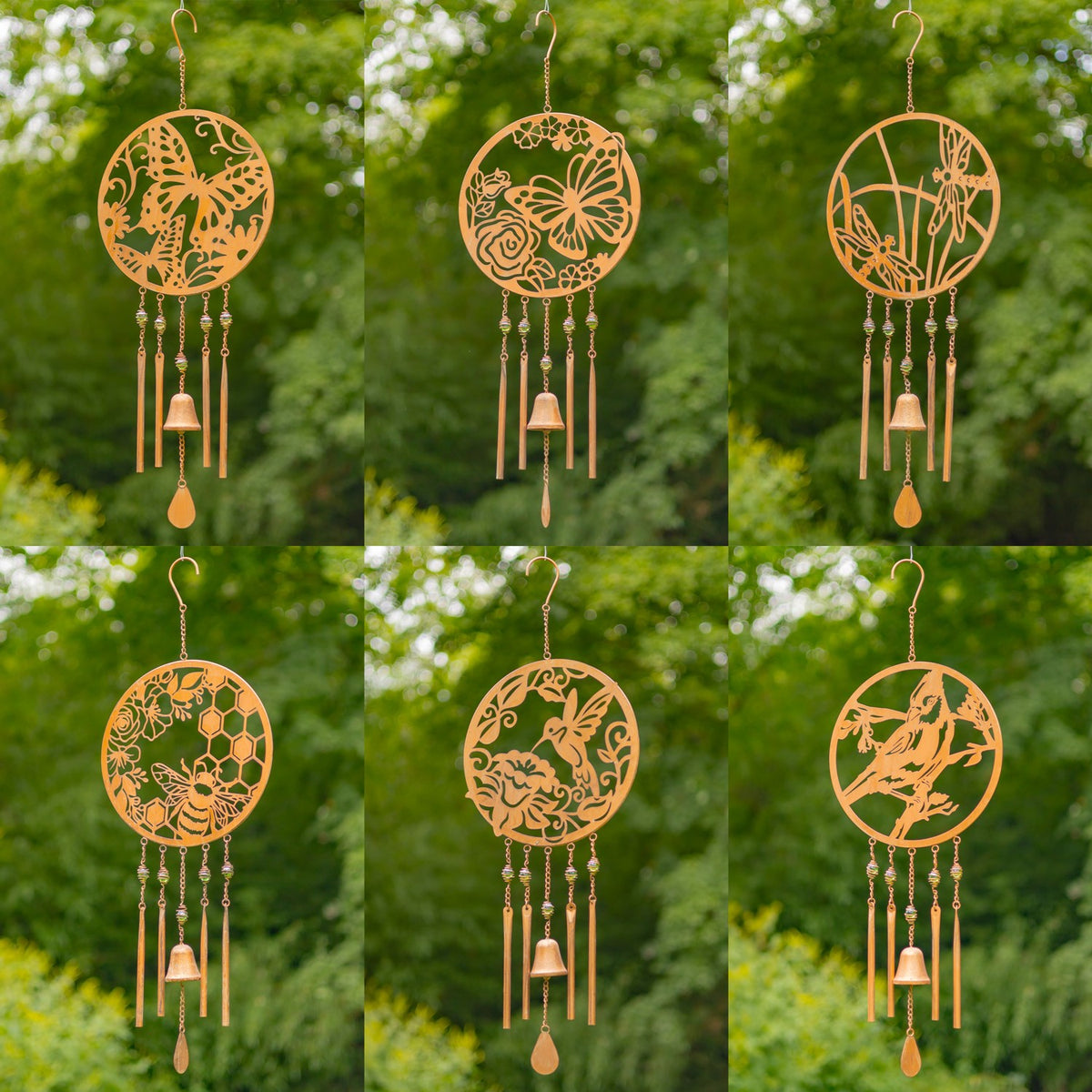 Six copper-finish circular wind chime designs displayed together against leafy greenery