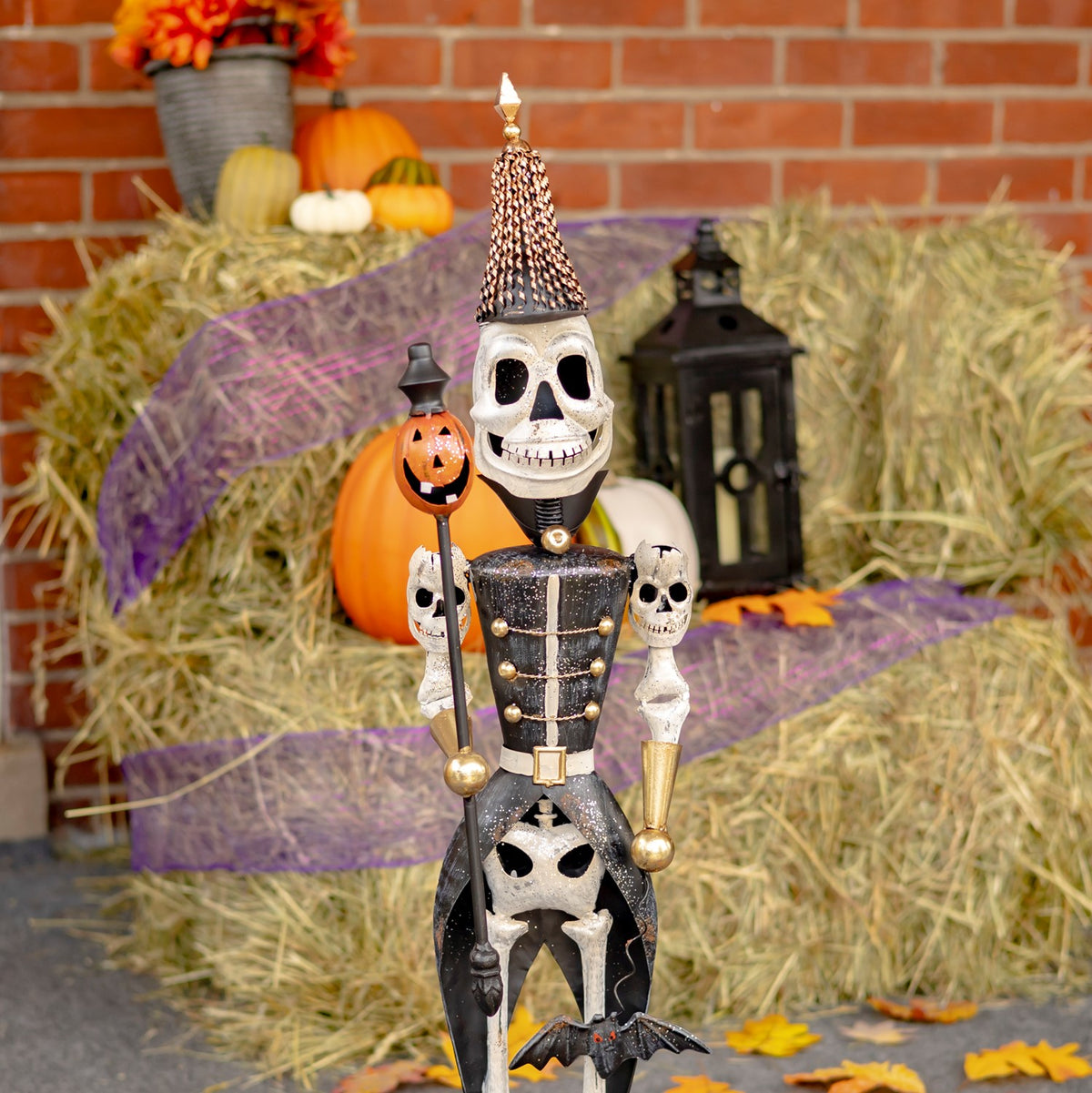 36" Tall Set of 2 Small Halloween Skeleton Soldiers Holding Staffs