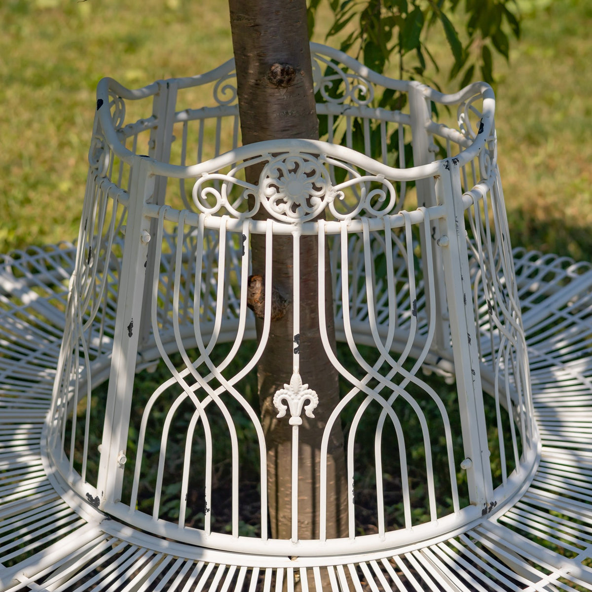Close-up of the white bench’s ornate scrolling metalwork around a tree trunk.