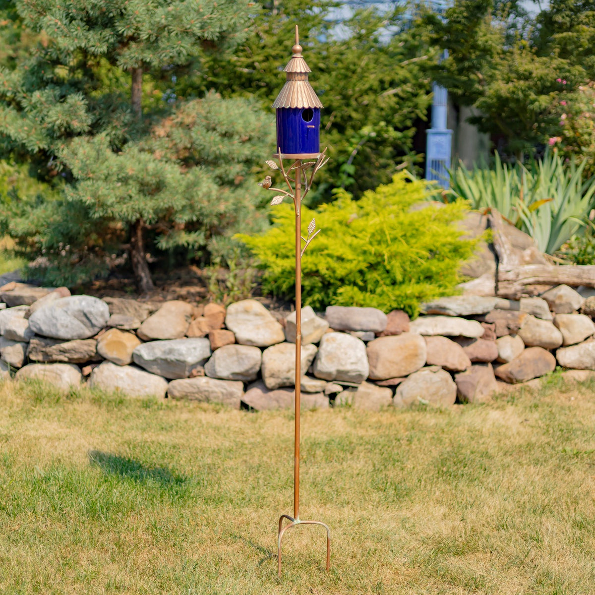 69" Tall Iron & Porcelain Birdhouse Stake "Cannes"