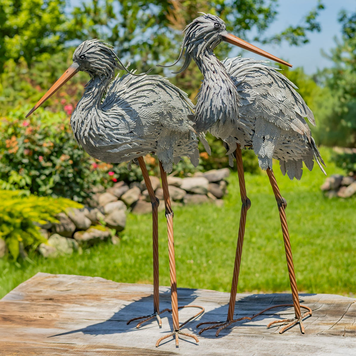 Set of 2 Great Blue Heron Metal Outdoor Figurines