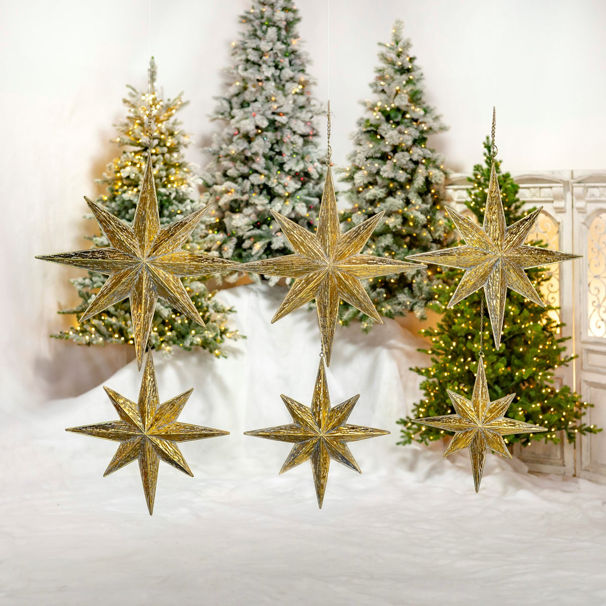 Six gold star decorations hang in two rows against a festive backdrop of illuminated trees.