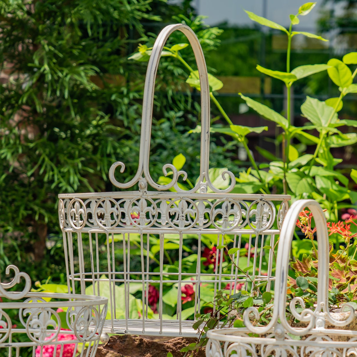 Close view of pale metal baskets showing their tall loop handles and ornate openwork rims.