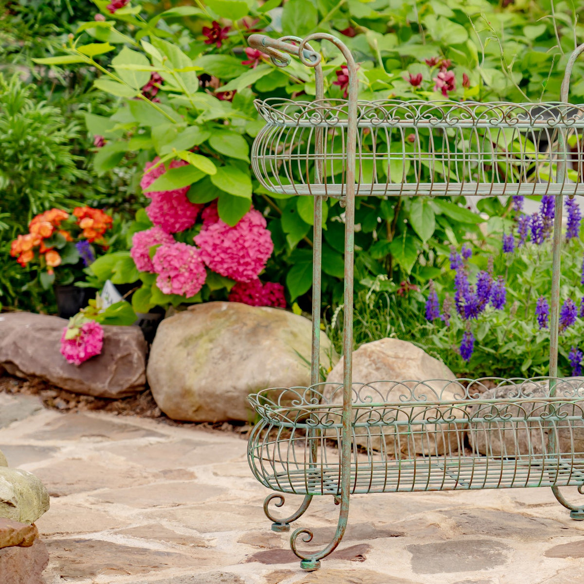 32.28" Tall Two Tier Metal Oval Basket Plant Stand in Verdi Green "Stephania"