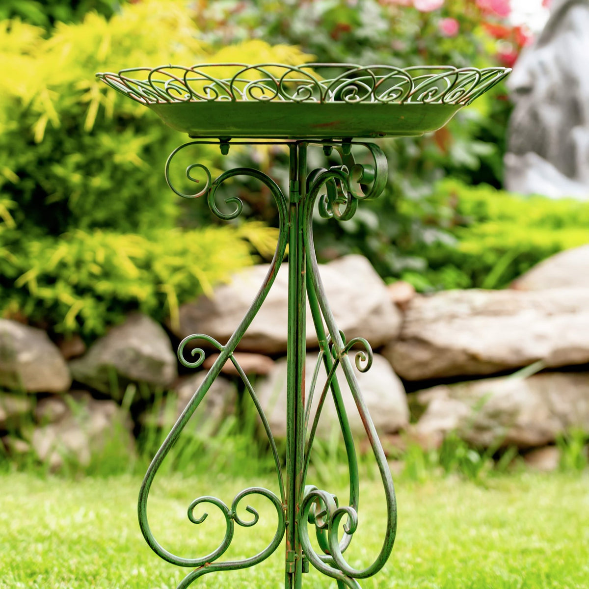 Dark green birdbath with a scrollwork rim and matching stand among garden plants.