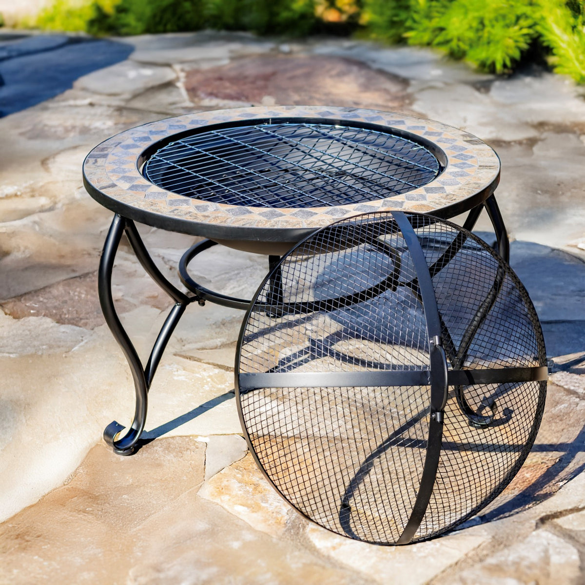 32.6"d. Round Mosaic Tile Metal Fire Pit "Aspen" "Medora"