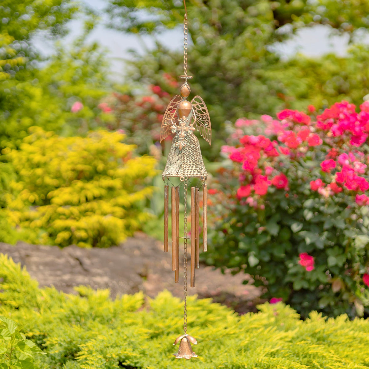 Set of 3 Assorted Hanging Antique Copper Angel Wind Chimes "Angelica, Angela & Angelette"