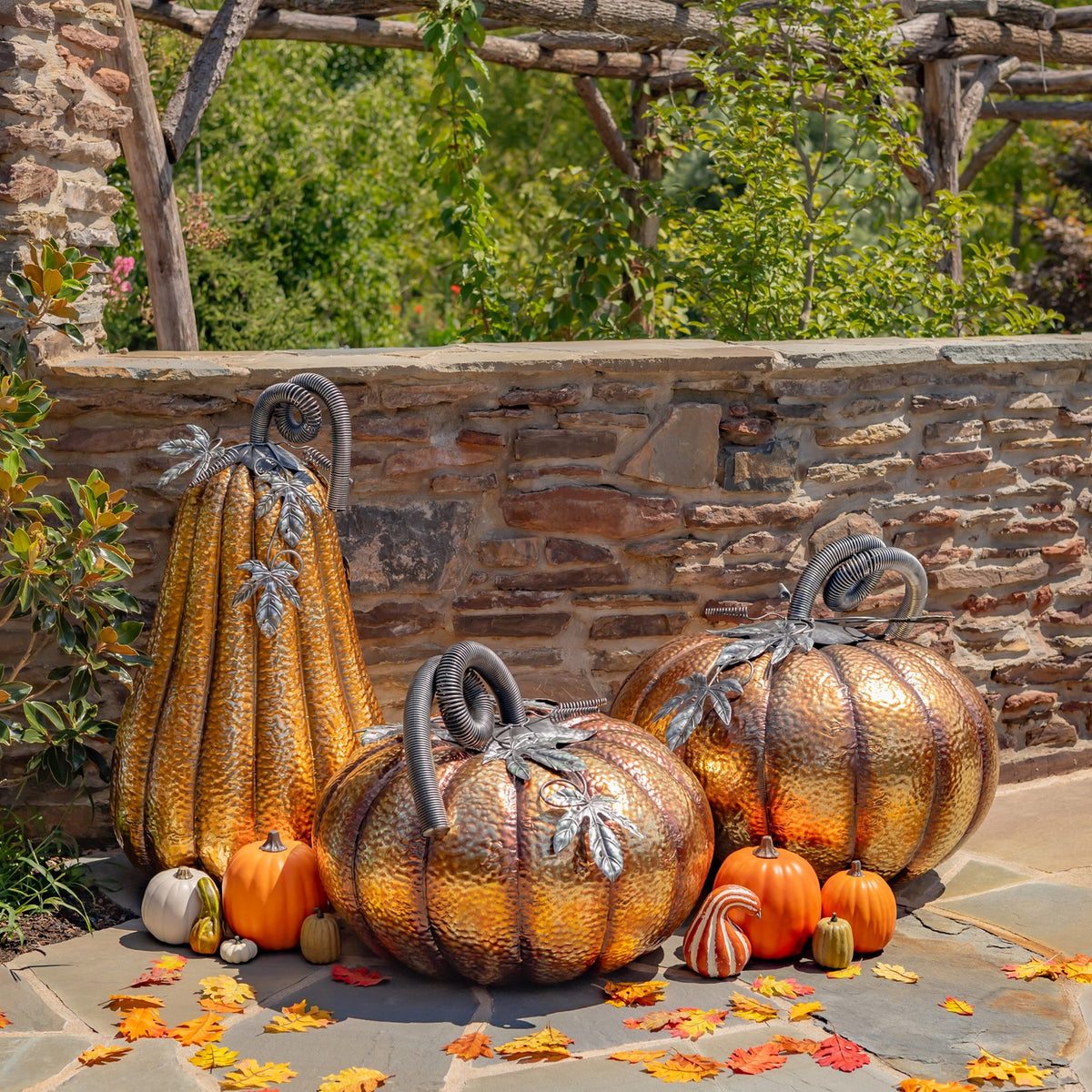32" Tall Gold-Brushed Iron Pumpkin Decoration (Medium)