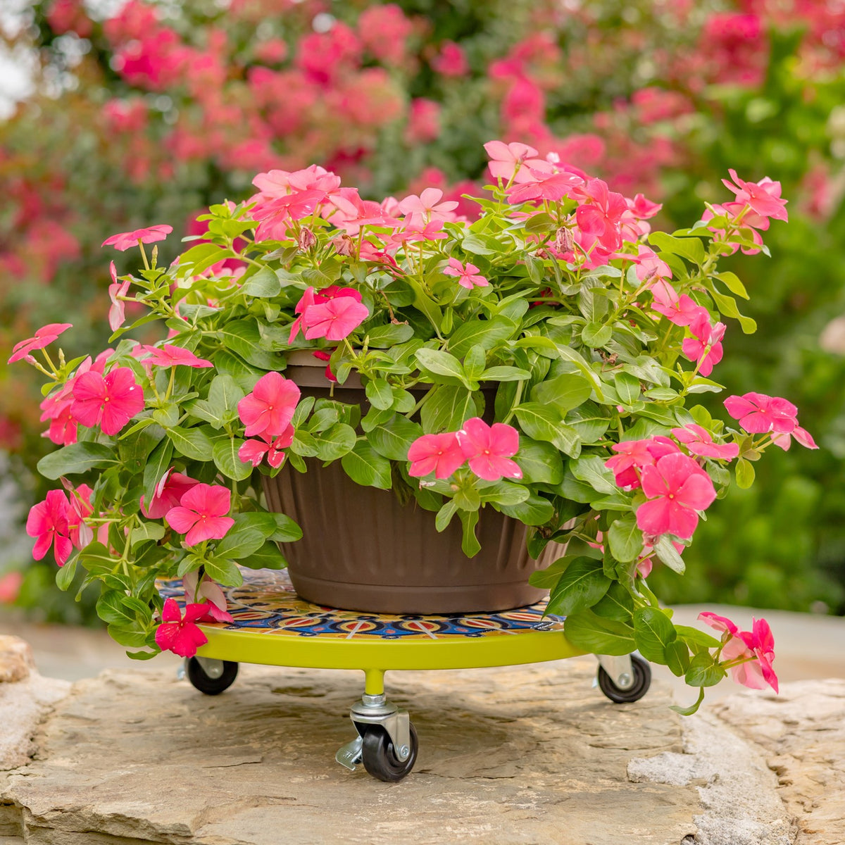 A flowering planter sits on a colorful mosaic trolley with wheels on a garden path.
