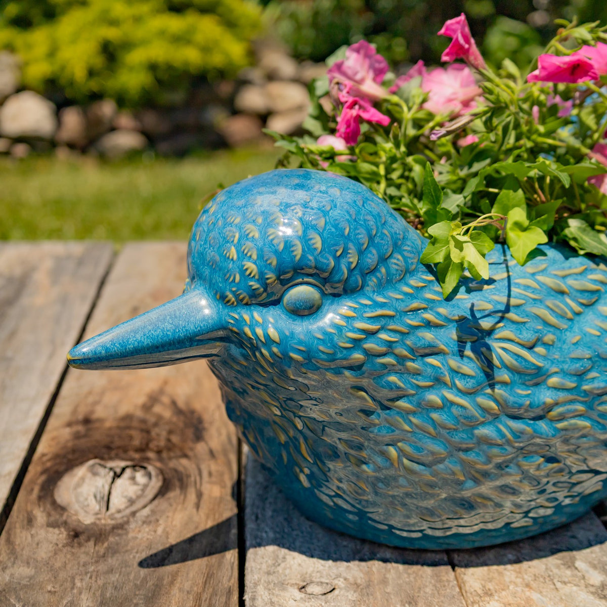 17.5" Hand Painted Ceramic Bird Planter in Blue