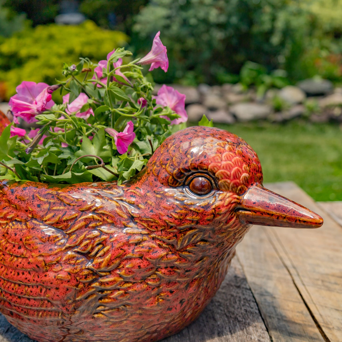 17.5" Hand Painted Ceramic Bird Planter in Red