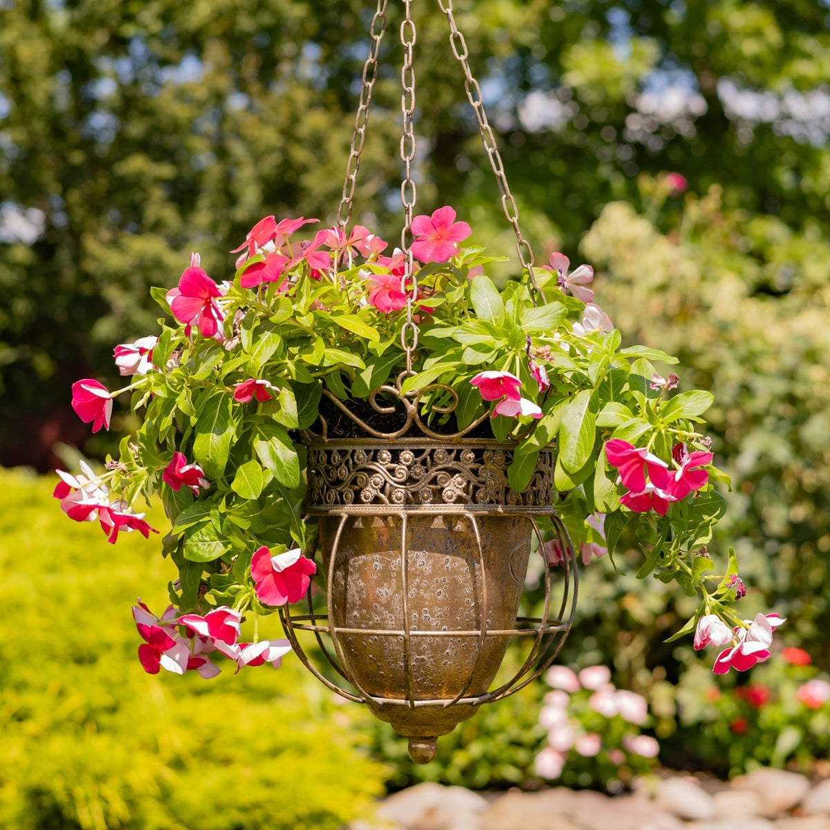 Ornate metal hanging planter filled with pink flowers and green foliage in a garden.