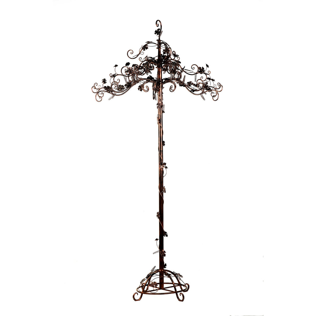 Tall antique bronze metal display stand with an ornate branching top and curled circular base.