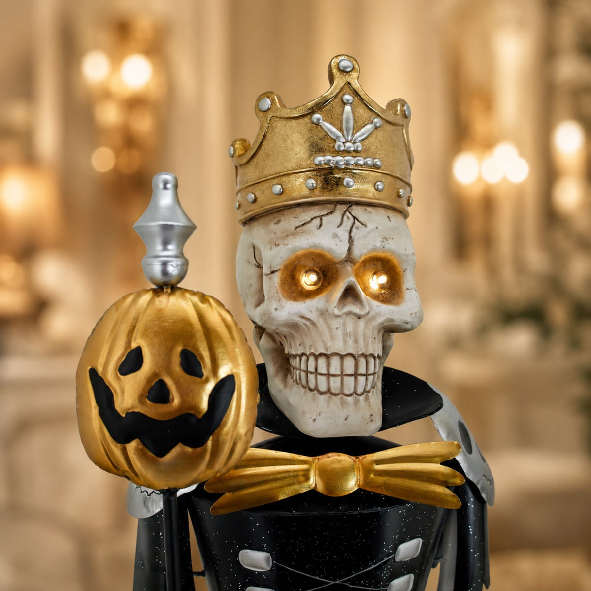 Close-up of a skeleton sentry with glowing eyes and a gold pumpkin staff