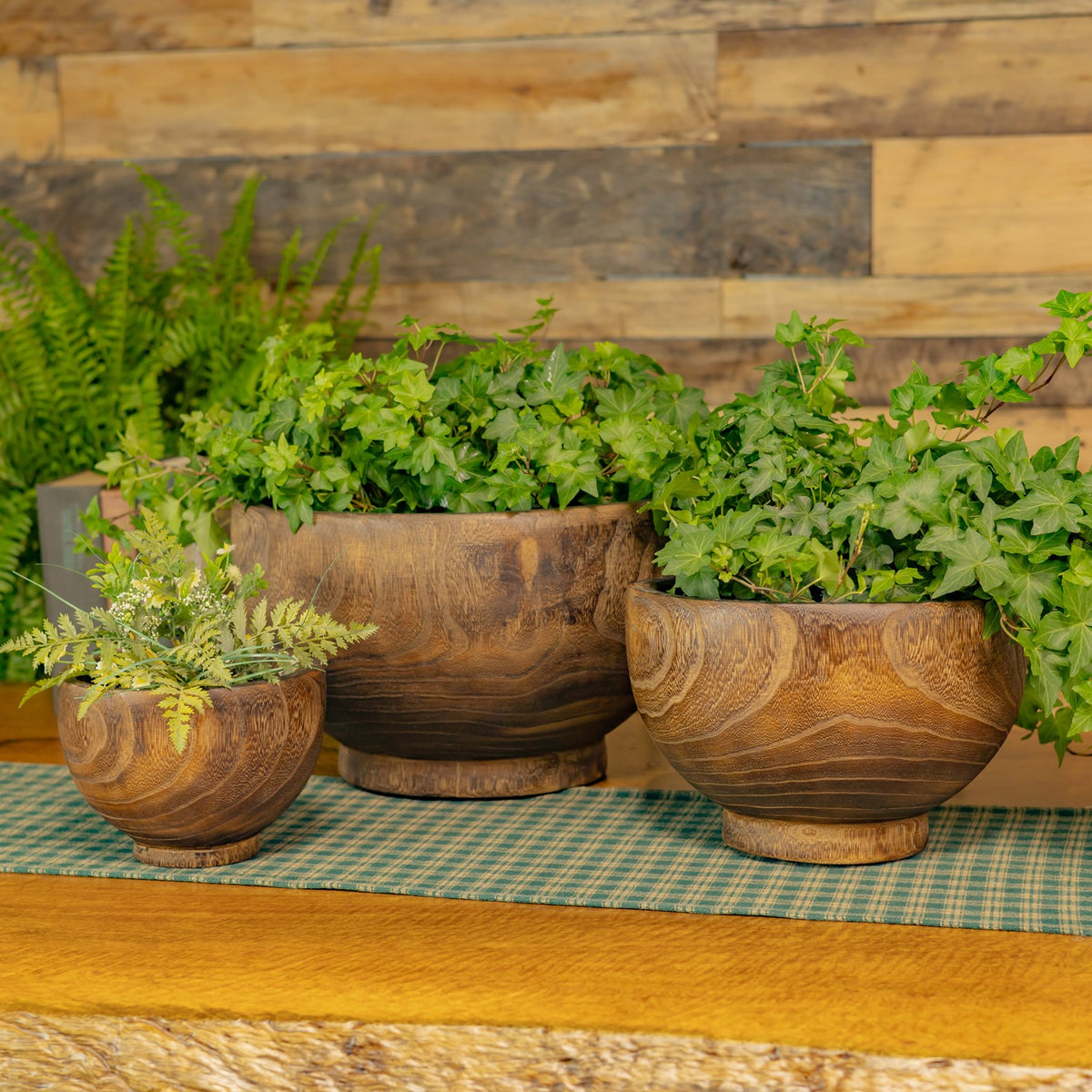 Three wooden bowls in graduated sizes are arranged with leafy plants on a table.