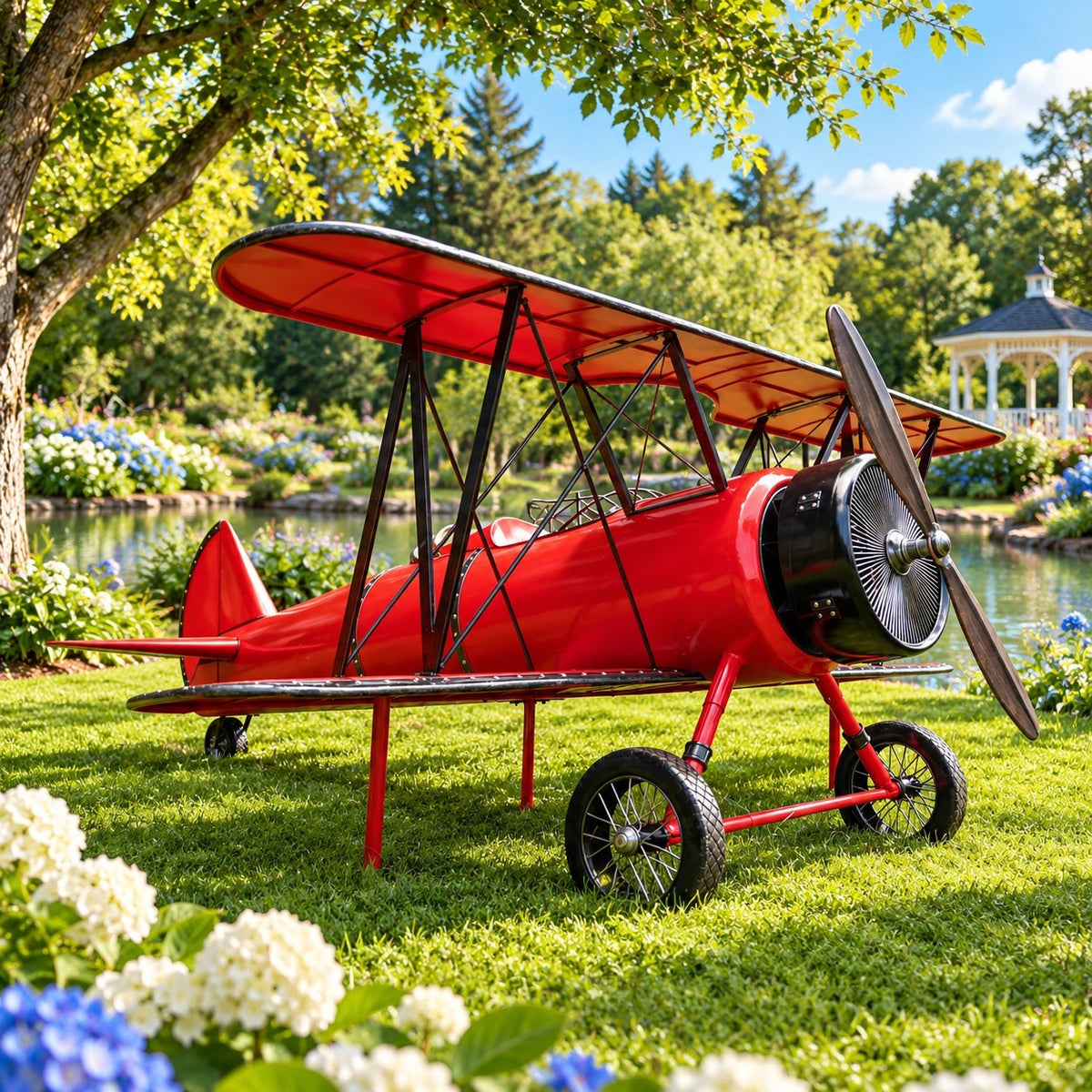 Red biplane display on grass, viewed from the opposite side