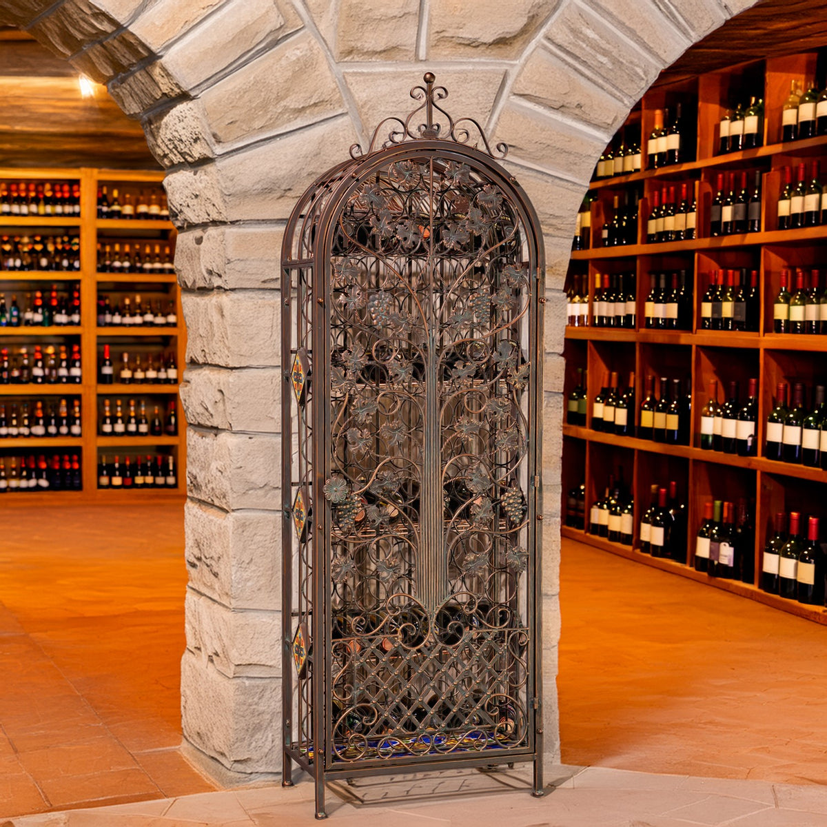 Front view of a tall, decorative wine cabinet beneath a stone arch in a wine cellar.