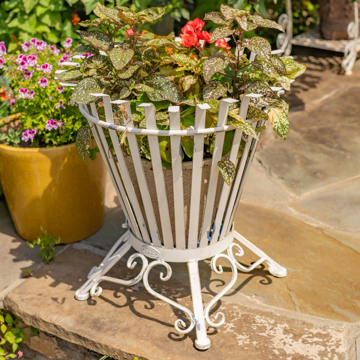 A white iron basket stand with curved scrollwork feet is filled with green foliage and flowers.