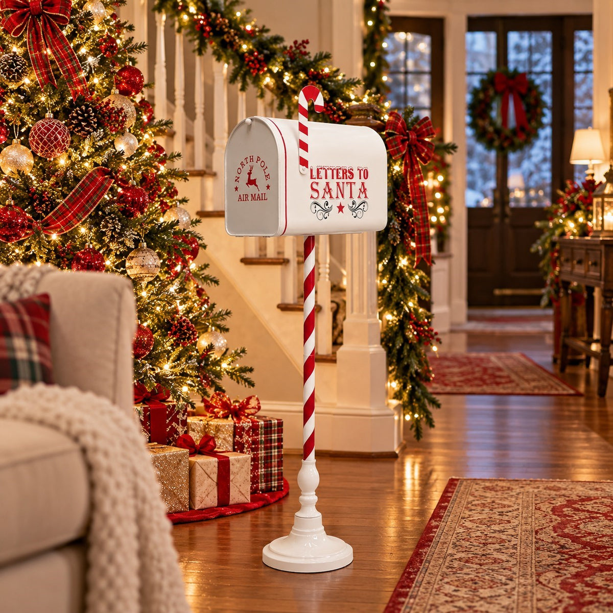 White mailbox on a red-and-white striped stand beside a decorated Christmas tree in a festive living room.