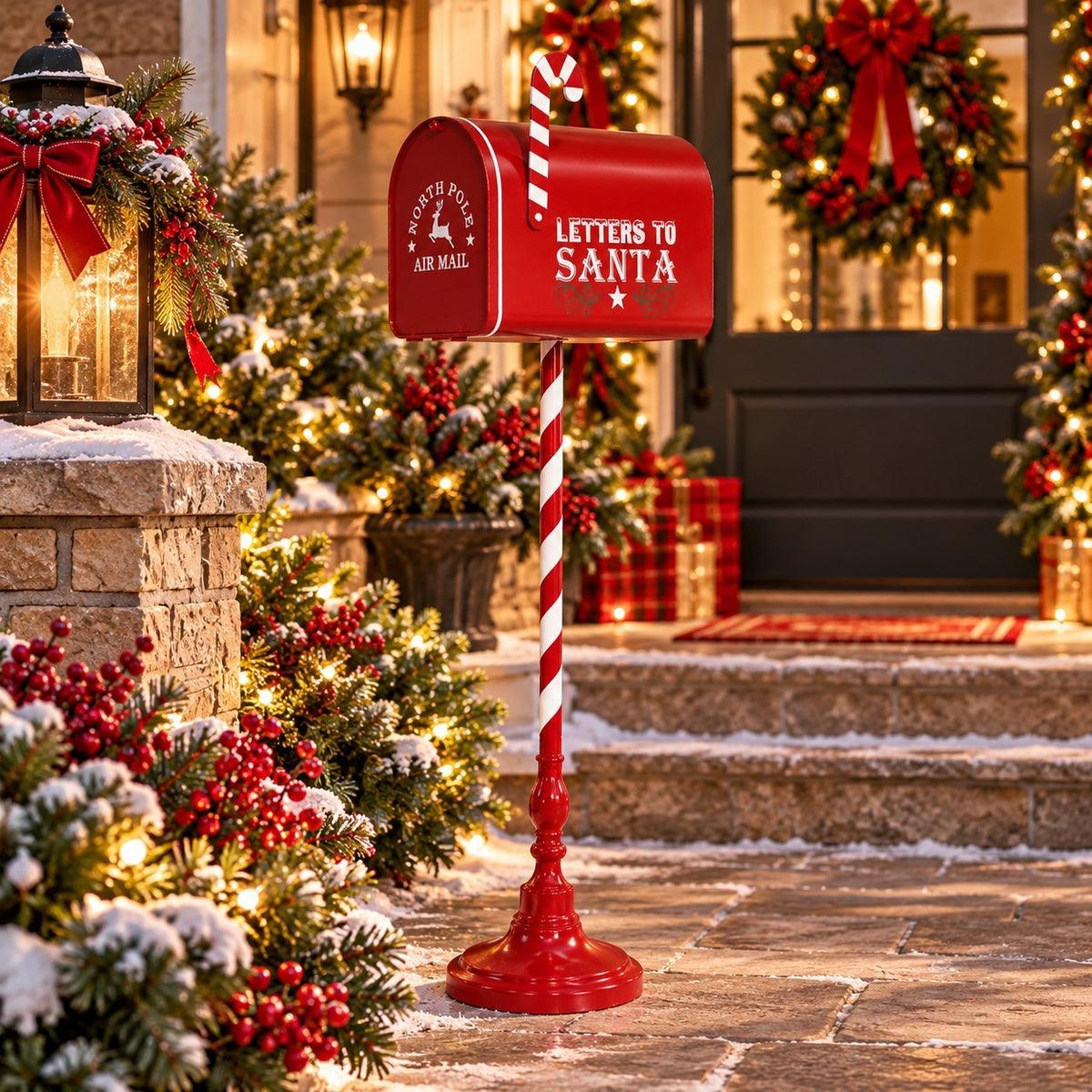 Red mailbox and striped stand on a stone walkway framed by snowy greenery and holiday decorations.