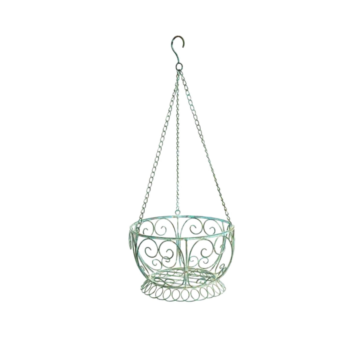 Antique green wire hanging basket with three chains, a hook, and decorative curled metalwork on a white background.