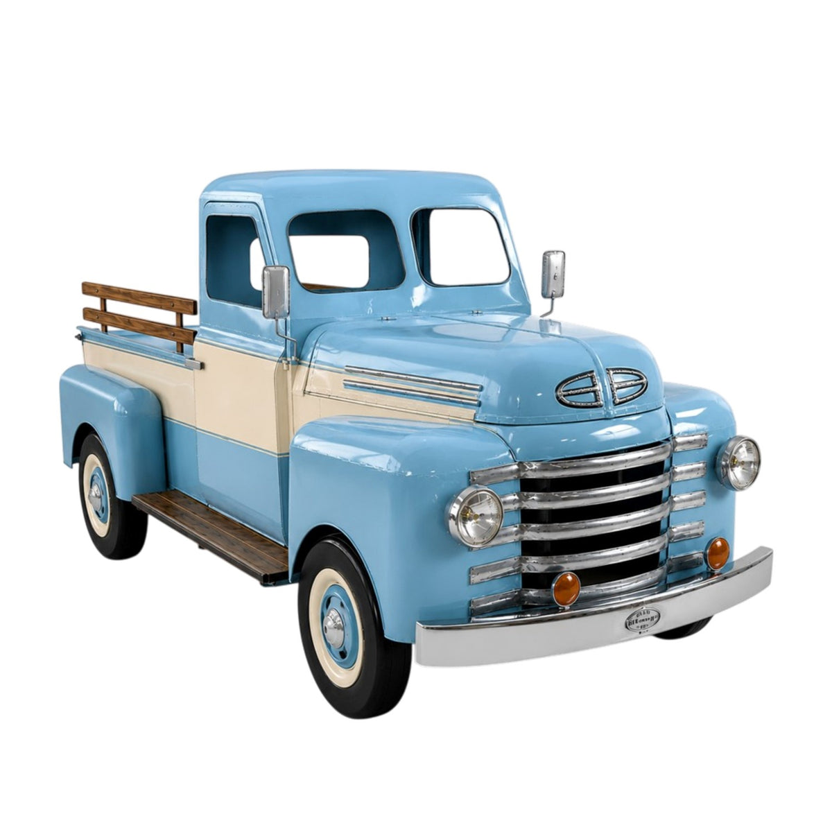 Light blue pickup truck with cream side panels shown against a plain white background.