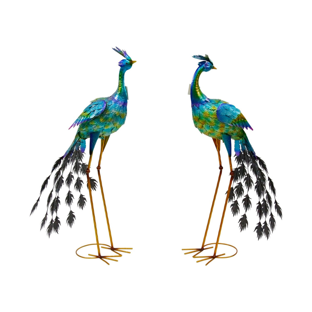 Pair of blue and green peacock sculptures against a plain white background