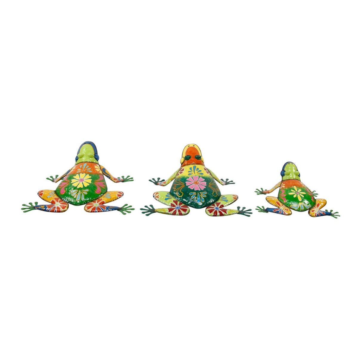 Three colorful flower-painted frog statues are displayed against a plain white background.