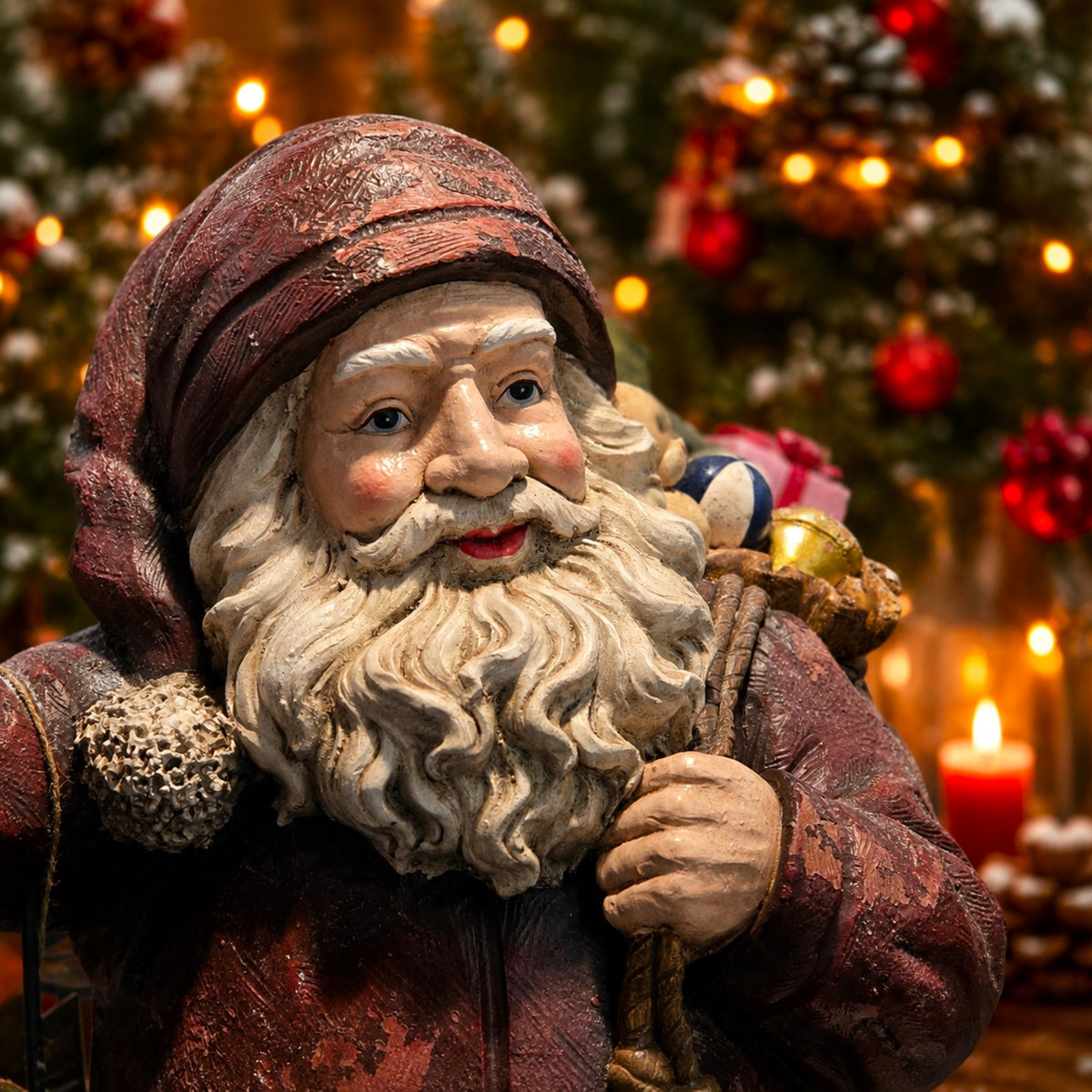 Close-up of Santa figurine's face, red-brown hat, and painted details