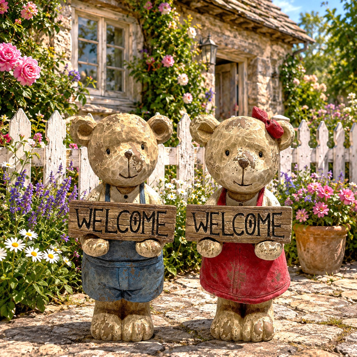 Brown teddy bear figurines in blue and red outfits holding welcome signs by a garden fence