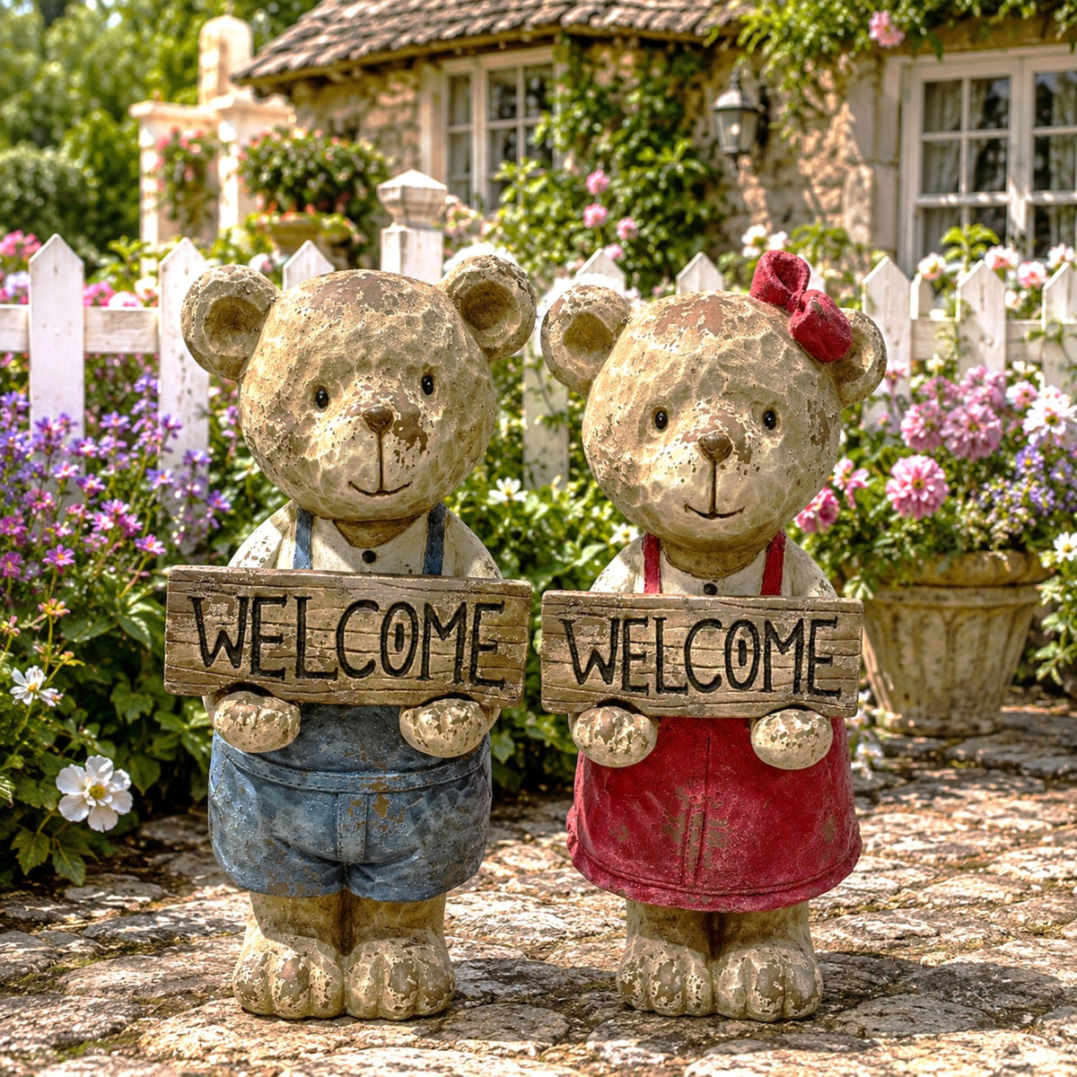 Two teddy bear welcome-sign figurines, one in blue and one in pink, in a garden