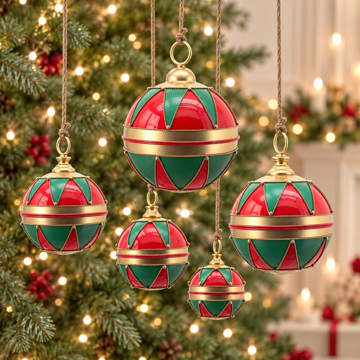 Five red and green ornaments with gold bands hanging at different heights in front of a Christmas tree.