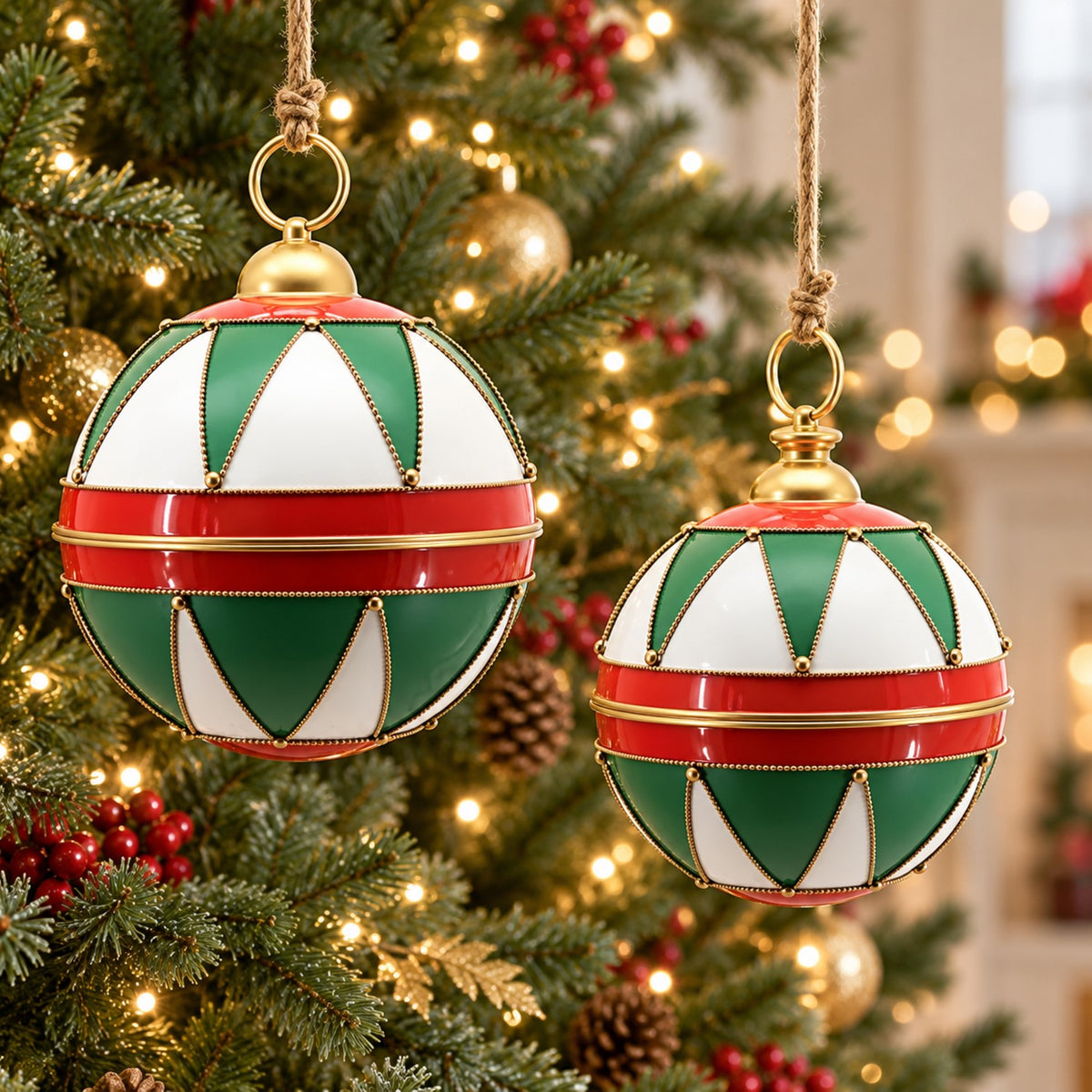 Two red, green, and white paneled ornaments hang among decorated evergreen branches and warm lights.