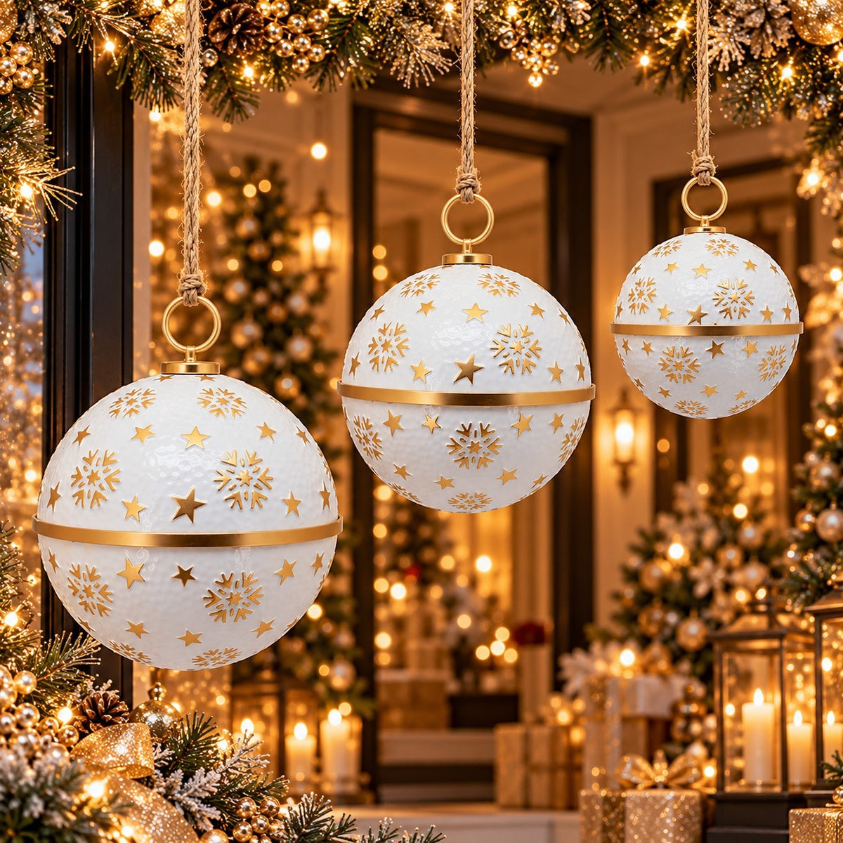 Three differently sized white and gold bauble ornaments hanging beneath a decorated evergreen garland.