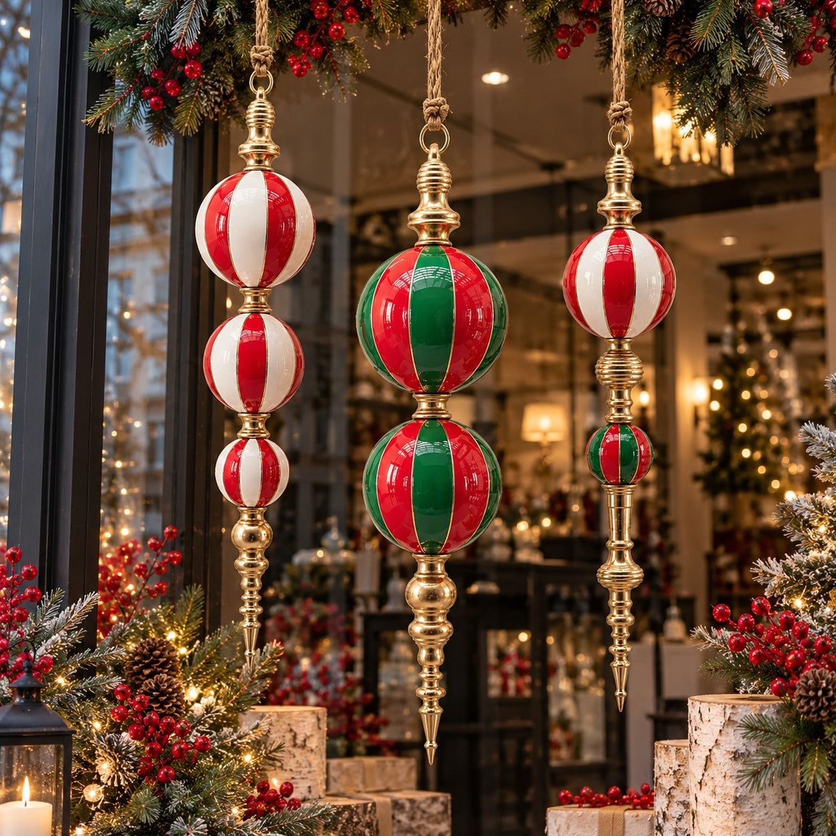 Three striped hanging ornaments displayed beneath a decorated evergreen garland in a bright shop setting.