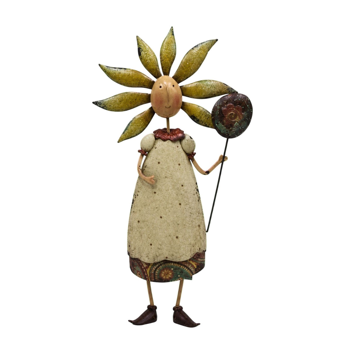 Full view of a flower-headed metal lady figurine holding a round ornament against a white background.