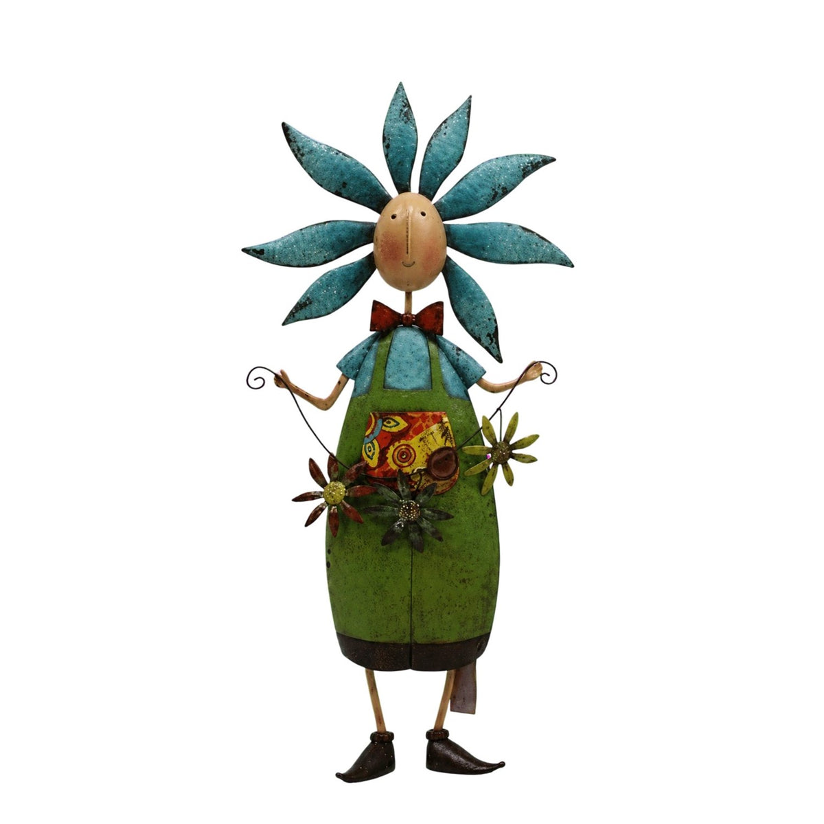 Full-length metal flower figure with teal petals, a green outfit, dangling flowers, and curled arms.