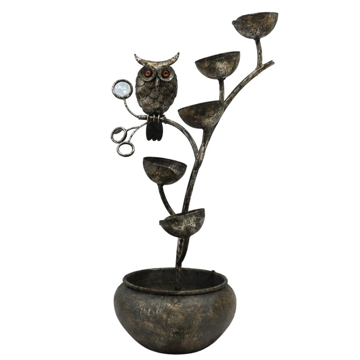 Sculpted metal owl perched on a branching stem above a round bowl, with several small cascading bowls.