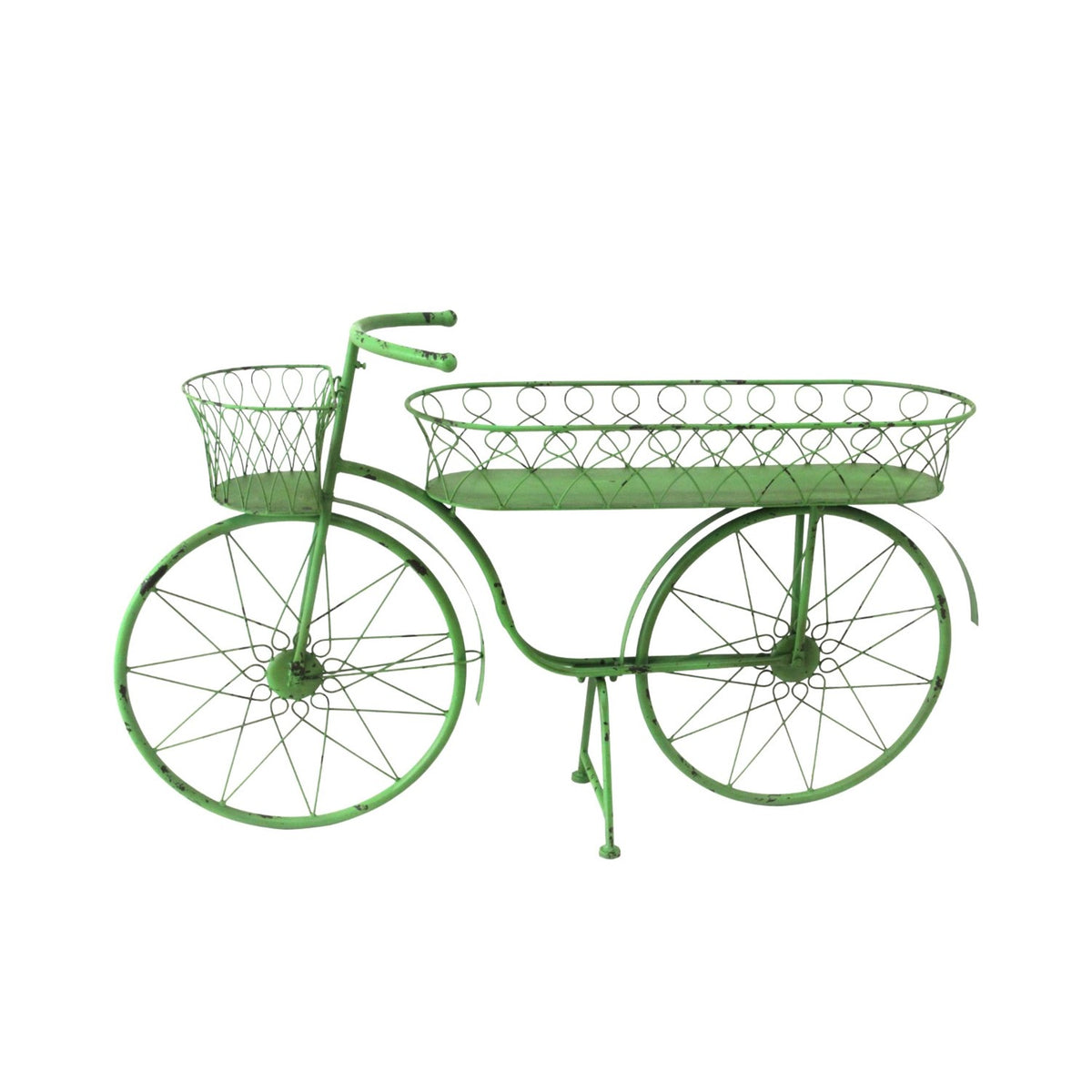 Green metal bicycle planter shown against a white background, with two empty wire baskets.