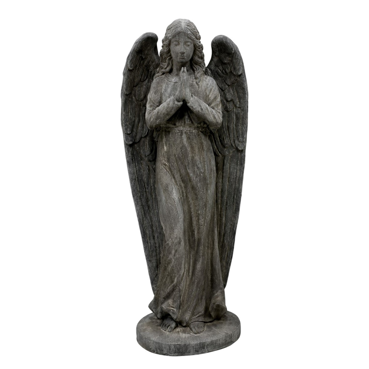 Full view of a gray angel statue with folded wings, clasped hands, and a round base on white.