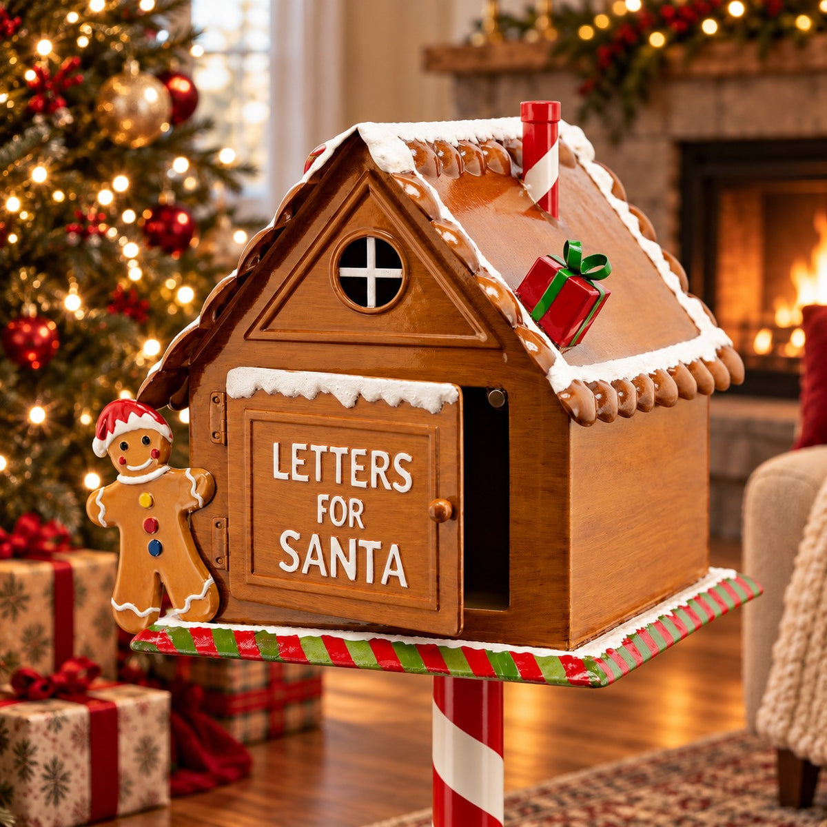 Close view of the mailbox’s frosted gingerbread roof, candy decorations, and attached gingerbread figure.