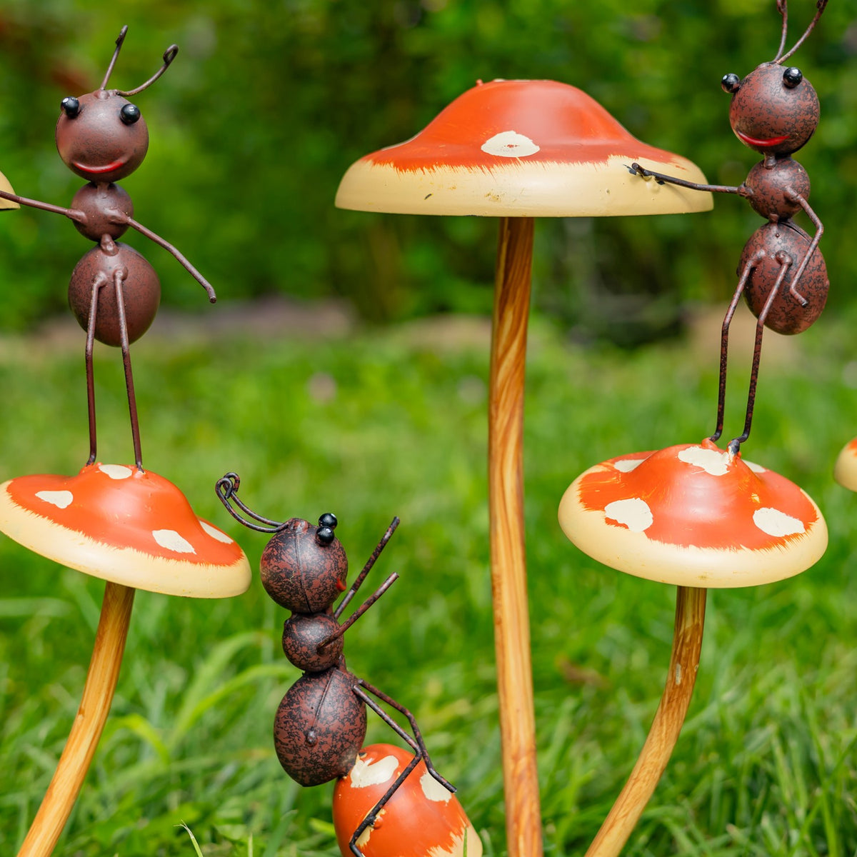 Set of 6 Assorted Funny Ants on Iron Mushroom Garden Stakes