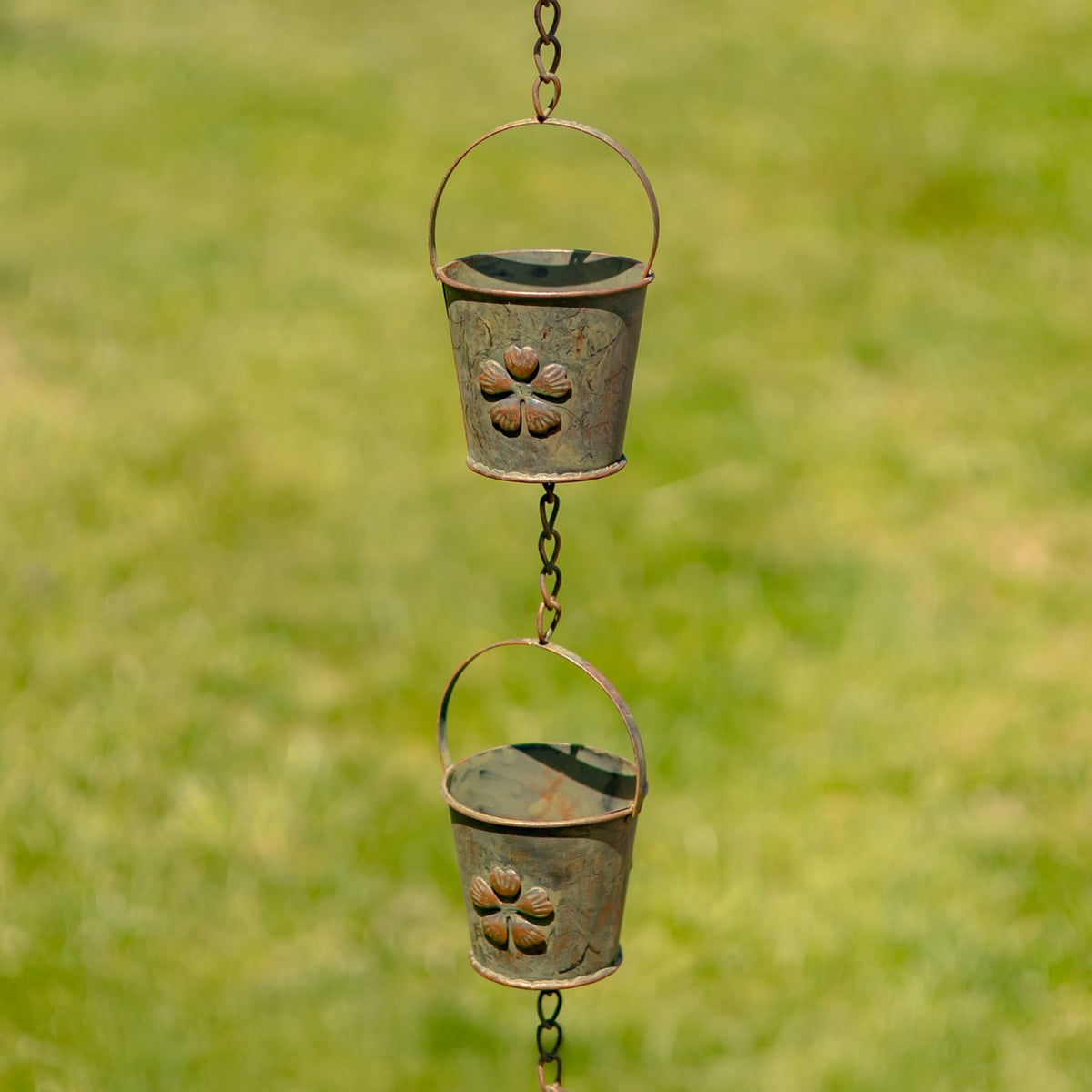 78" Long Iron Bucket Rain Chain in Antique Copper